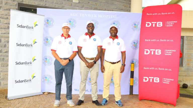 Sidian Bank Backs Tenwek Hospital’s Push to Save Children in Kenya’s South Rift From left: Jimmy Miller, Field Director at Tenwek Hospital; Ben Siele, CEO of AGC Tenwek Hospital; and John Okulo, CEO of Sidian Bank, at the AGC Tenwek Hospital Charity Golf Tournament at Kericho Golf Club