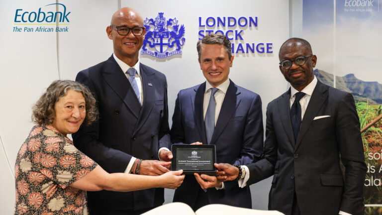 Ecobank Rings Opening Bell for World’s First Nature Bond Papa Madiaw Ndiaye and Jeremy Awori ring the opening bell at London Stock Exchange for Ecobank Nature Bond