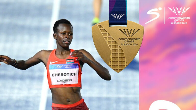 Faith Cherotich of Kenya celebrates winning gold in the women's 3000m steeplechase at Glasgow 2026.