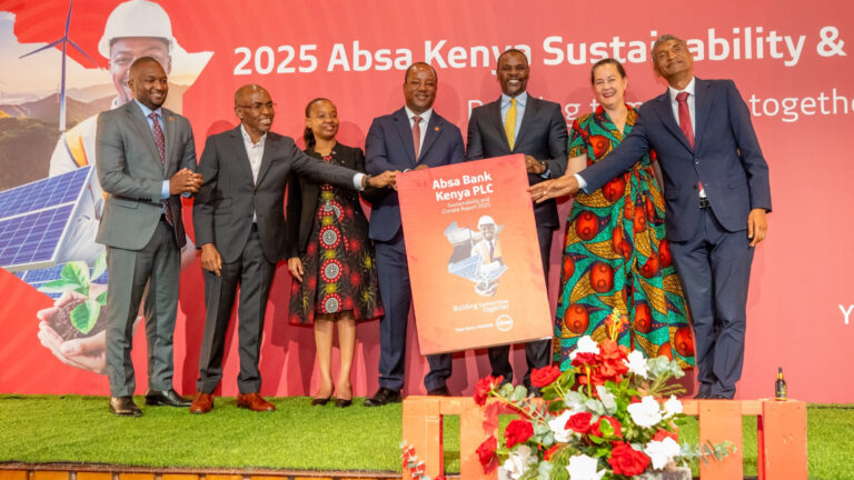 Yusuf Omari and Dr Festus Ng'eno at the launch of Absa Bank Kenya's 2025 Sustainability and Climate Report