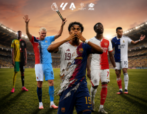 Five footballers in Premier League, La Liga, Serie A and PSL club kits stand on a stadium pitch at sunset for a SuperSport season campaign