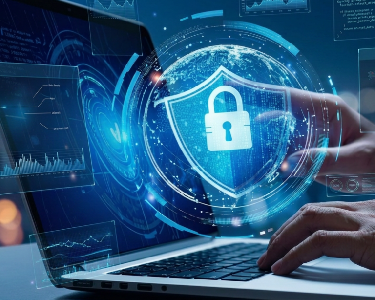 Person typing on a laptop with a digital shield and lock icon representing cybersecurity and content protection