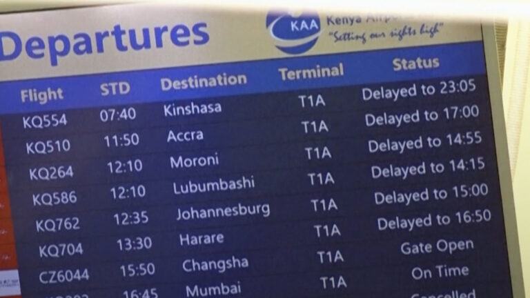 Aviation Groups Sound Alarm as Kenya Airport Strike Escalates; Government Issues Formal Apology Digital flight departure board at Terminal 1A showing delayed and cancelled flights across regional and international routes.