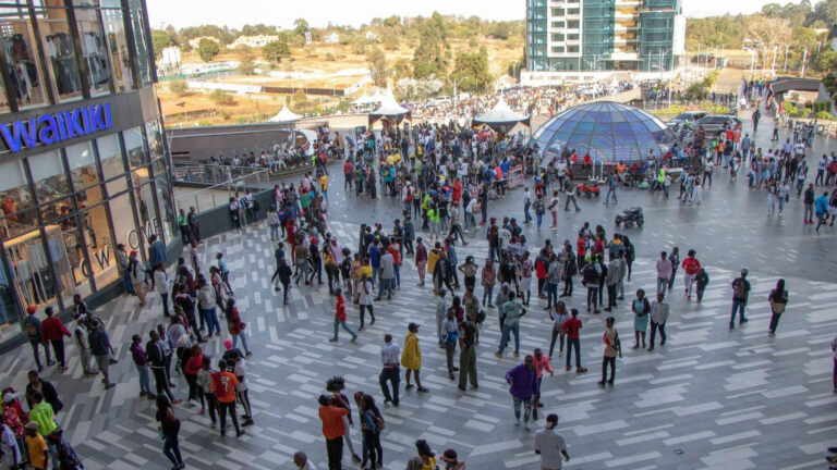 Pharmacies, Car Dealers and Family Fun Centres Are Rescuing Kenya’s Malls Large crowd of shoppers and visitors gathered in the outdoor plaza at Two Rivers Mall, Nairobi, w
