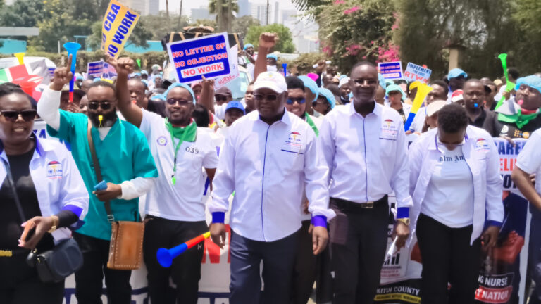Kenyan nurses and midwives demonstrate in Nairobi during a strike over the 2017 CBA, led by KNUNM union officials.