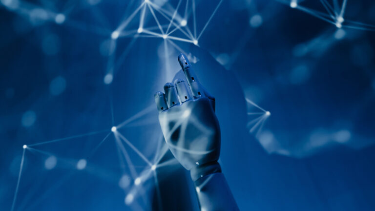 Robotic hand reaching toward a glowing network of connected points against a blue background, symbolizing artificial intelligence