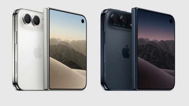 Apple Unveils Foldable iPhone Duo in Ternus First Keynote iPhone Duo shown folded and partly open in silver and blue color options