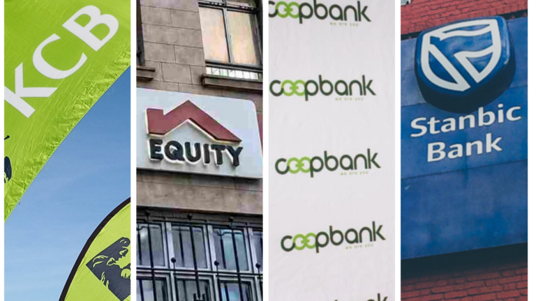 Four Kenyan Lenders Crack Forbes’ First Global Bank Ranking Collage of four Kenyan bank branding images, KCB flag, Equity Bank signage, Co-op Bank banners, and Stanbic Bank wall sign