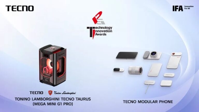 TECNO Wins Two IFA Innovation Awards for Modular Phone and Lamborghini Branded Gaming PC TECNO Tonino Lamborghini TAURUS mini PC and TECNO Modular Phone components displayed together with the IFA Technology Innovation Awards logo