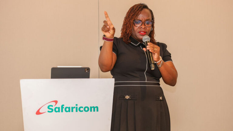 Karen Basiye, Safaricom Director of Sustainable Business, briefing journalists on the 2026 Sustainable Business Report