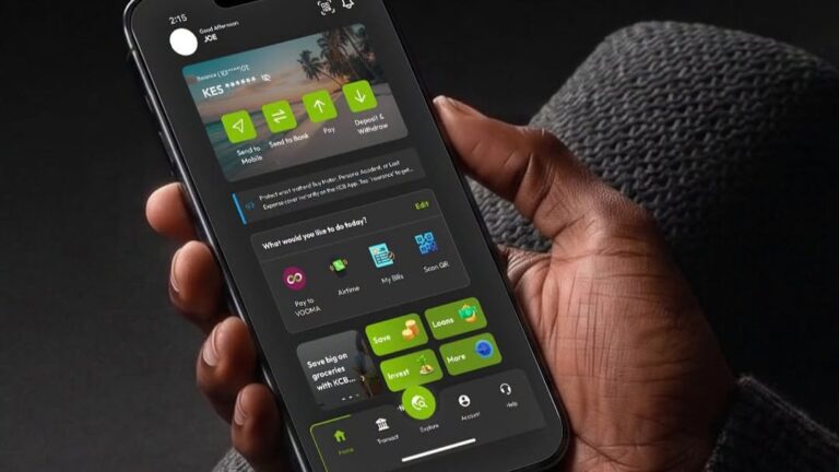 How KCB Mobile App Helps You Avoid Double Fees on Merchant Payments & Bills A hand holds a phone showing the KCB Mobile Banking App home screen with options to send to mobile, send to bank, pay, and deposit or withdraw.